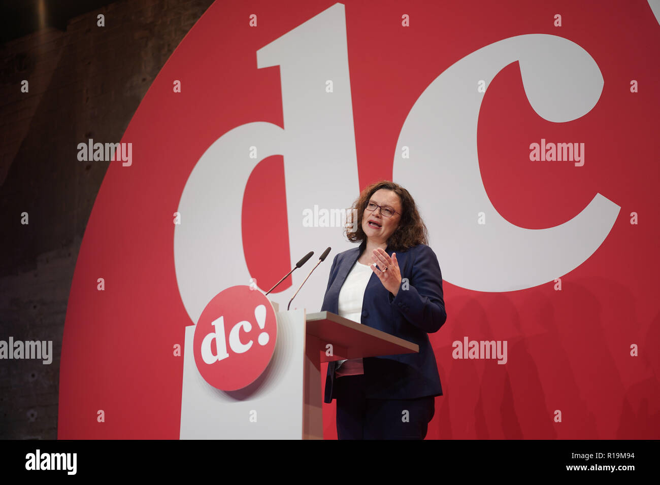 Il 10 novembre 2018, Berlin: Andrea Nahles, DOCUP leader, parla al DOCUP dibattito camp. Foto: Jörg Carstensen/dpa Foto Stock