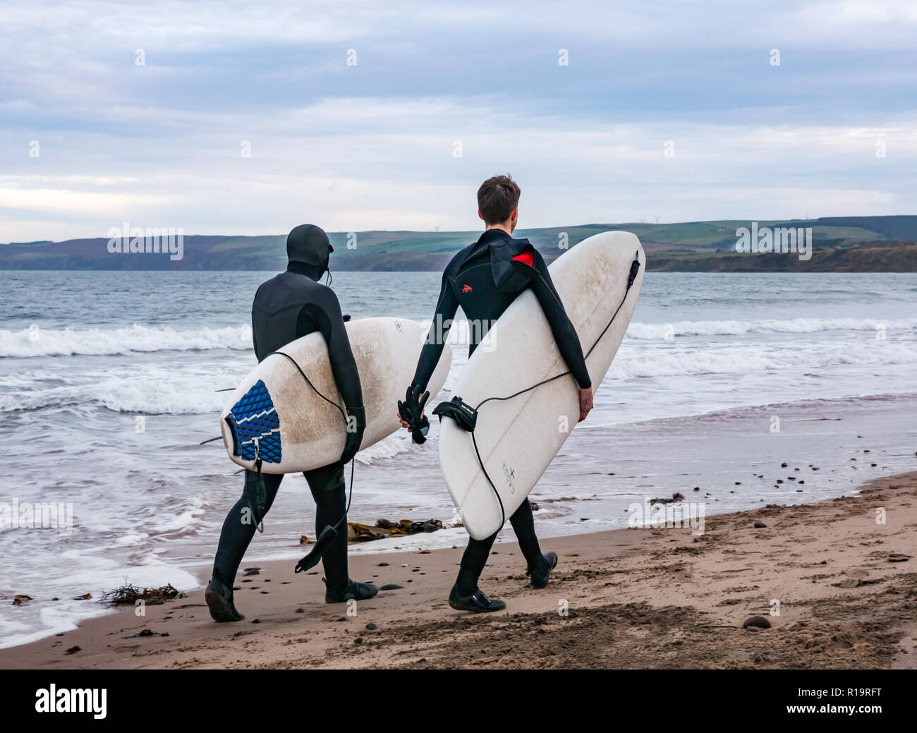 Torness, East Lothian, Scozia, Regno Unito, 10 novembre 2018. Regno Unito Meteo: Nonostante la tempesta sul Regno Unito ad ovest della costa est della Scozia è mite con solo una leggera brezza. Un surfista giovane a piedi sulla spiaggia che trasportano tavole da surf a Thorntonloch di fare surf Foto Stock