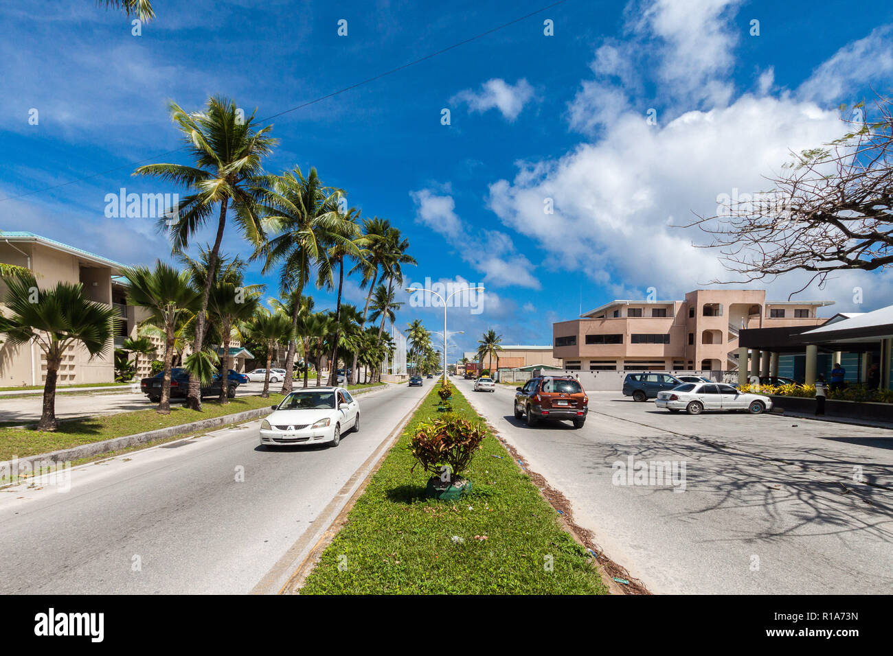 Majuro storico viale centrale vista. Il quartiere centrale degli affari, Isole Marshall, Micronesia, Oceania Oceano Pacifico del Sud. Delap, Uliga Djarrit, Foto Stock