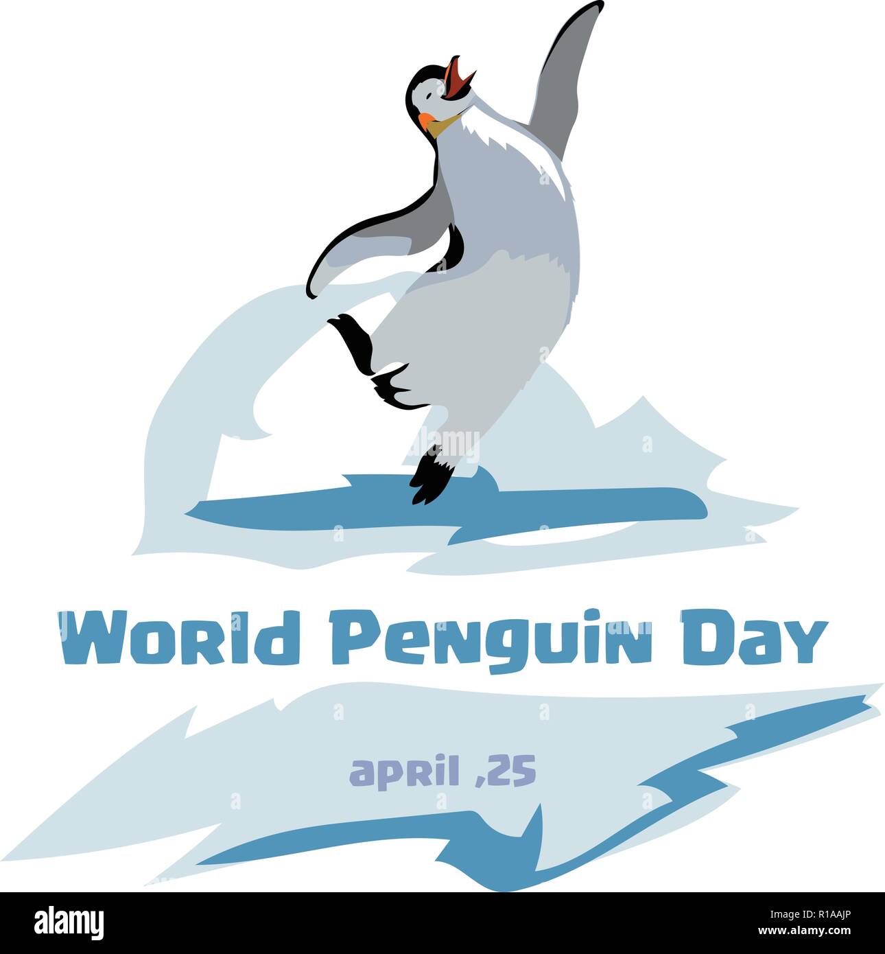 Mondo penguin giorno. Jumping pinguino su uno sfondo blu. iceberg dello sfondo. Illustrazione Vettoriale