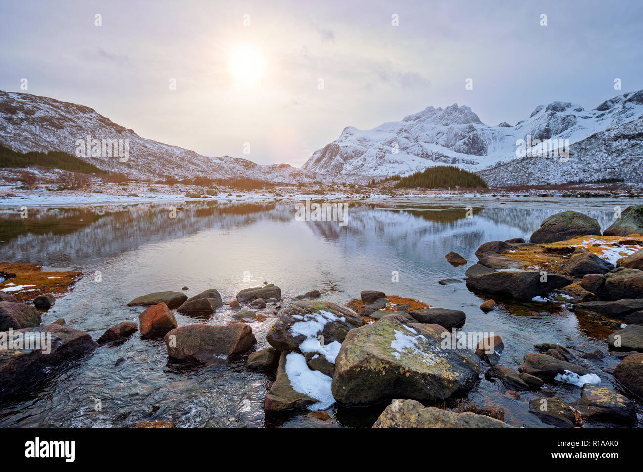 Fiordo del tramonto in inverno Foto Stock