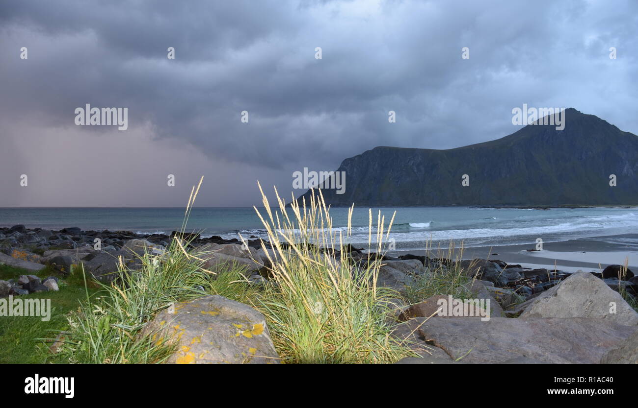 Flakstad, Skagsanden, Lofoten, Flakstadøya, Strand, Sandstrand, Welle, Fels, Stein, Vareid, Hustinden, Flakstadpollen, Vareidsundet, Fiordo, Sund, Aben Foto Stock