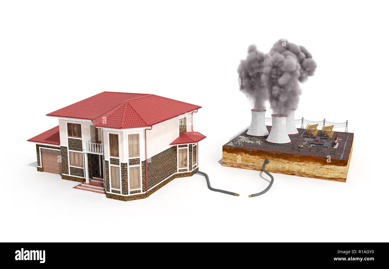 Il concetto di ecologicamente energia pulita la casa è meteo palette invece di centrali termoelettriche di potenza 3D render Foto Stock