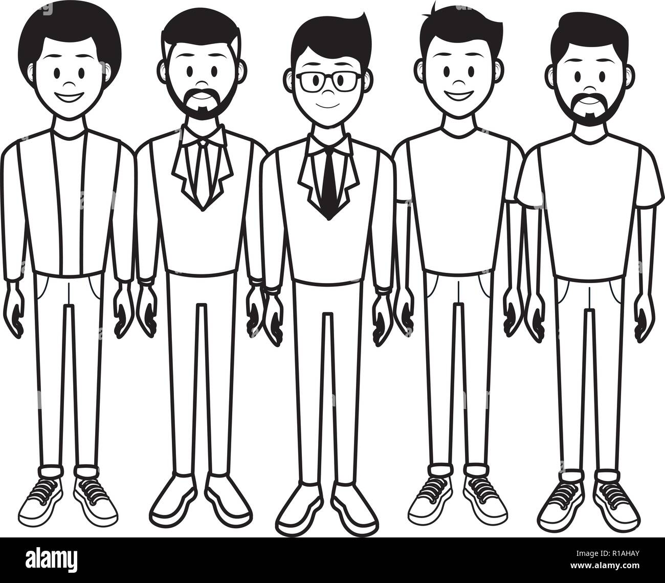 Giovani uomini persone cartoon in bianco e nero illustrazione vettoriale graphic design Illustrazione Vettoriale