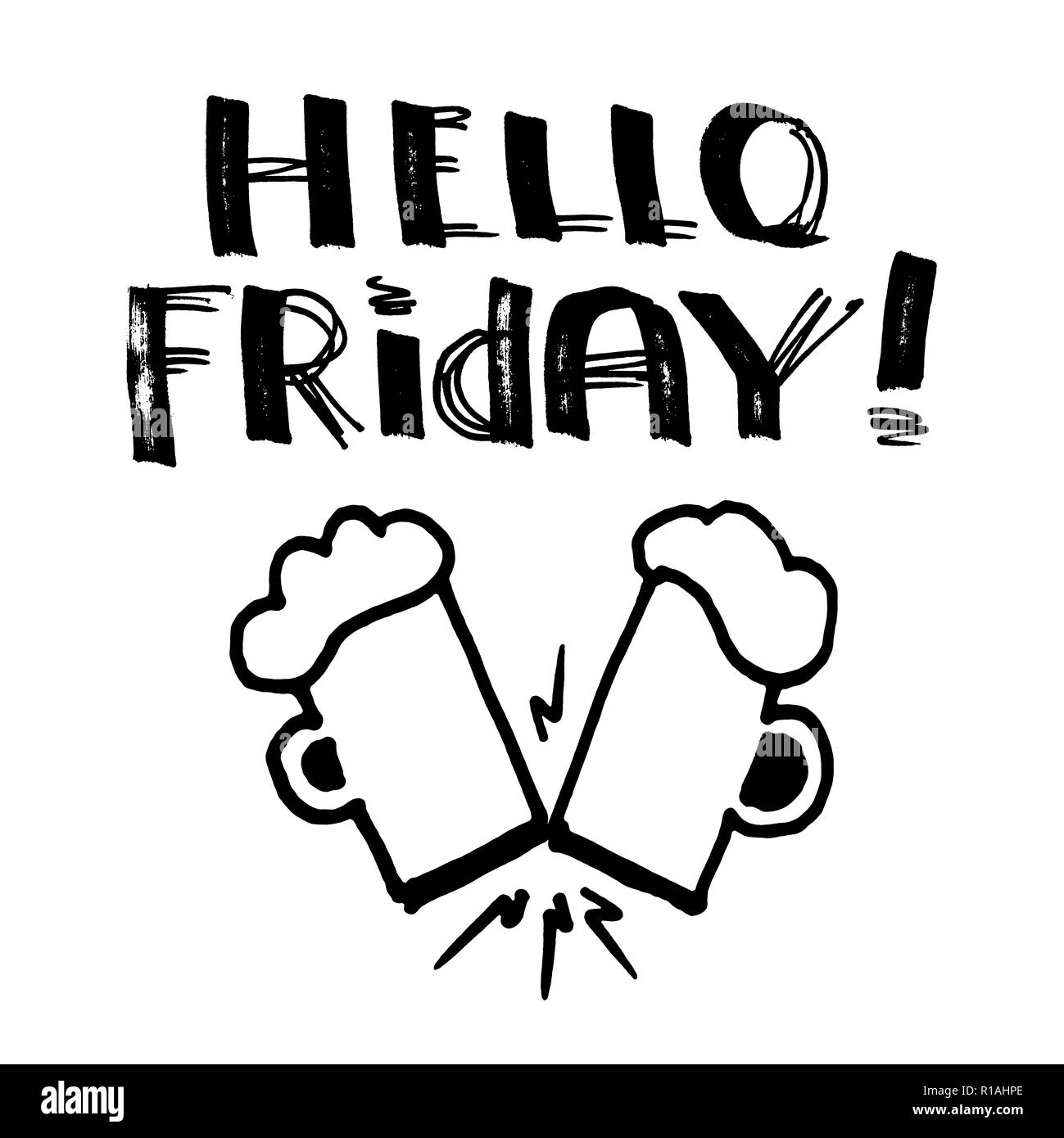 Ciao venerdì! Lettering, design divertente per t-shirt o poster con due tintinnio boccali da birra Foto Stock