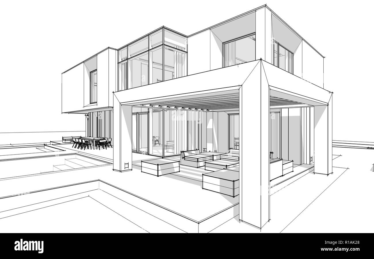 3D rendering schizzo della moderna casa accogliente dal fiume con garage in  vendita o in affitto. Linea nera sketch con luce tenue ombre su sfondo  bianco Foto stock - Alamy