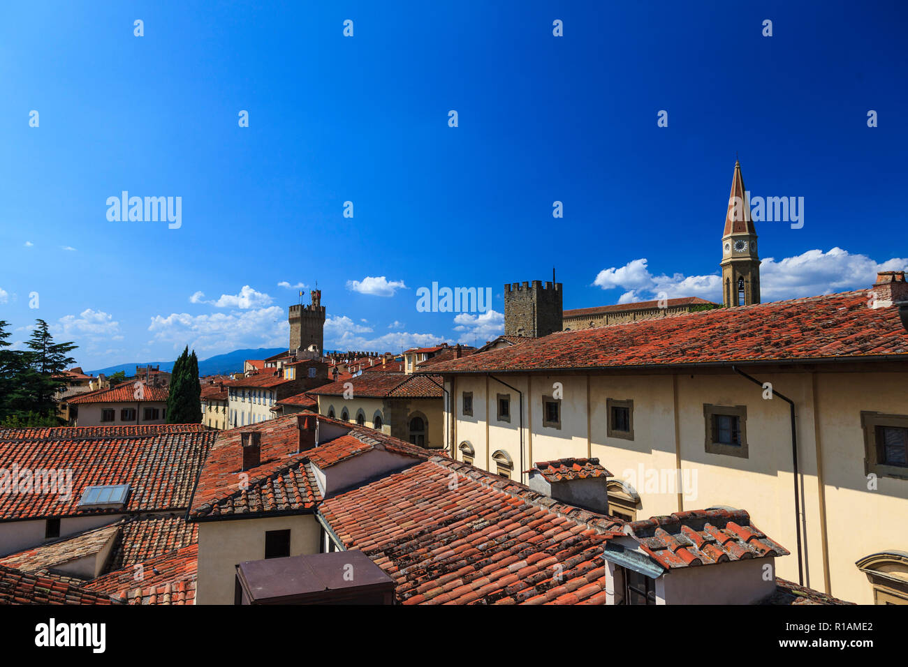 Vista su mattonelle in terracotta di tetti ad Arezzo è il Duomo, Toscana, Italia Foto Stock