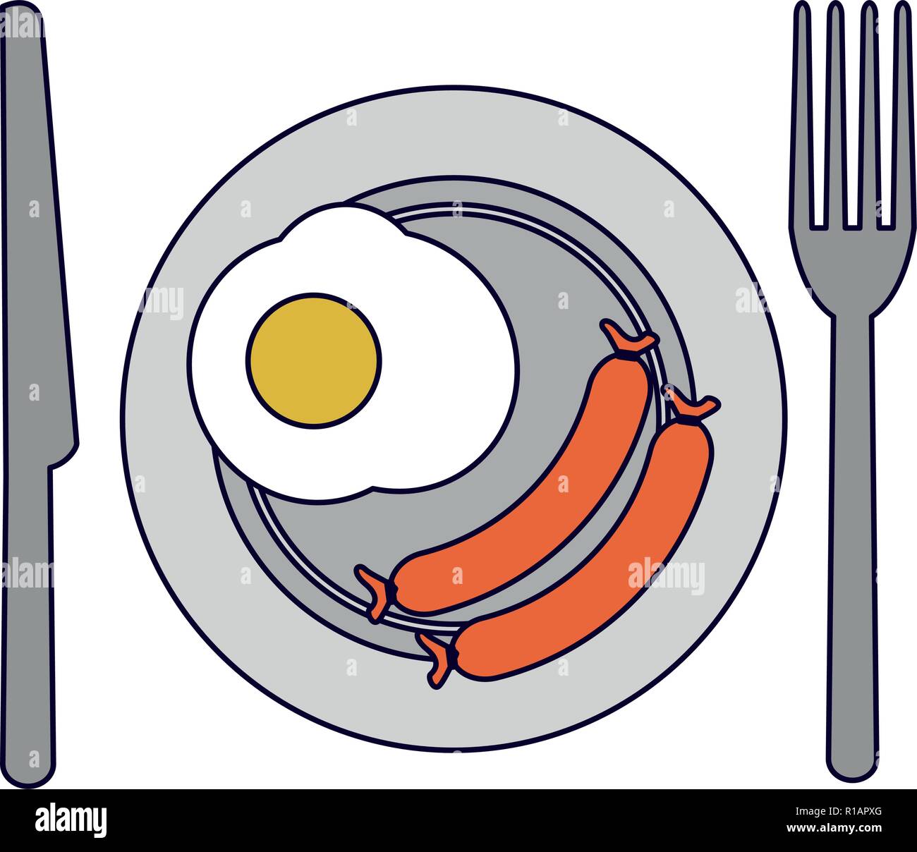 La prima colazione americana sul piatto con posate illustrazione vettoriale graphic design Illustrazione Vettoriale