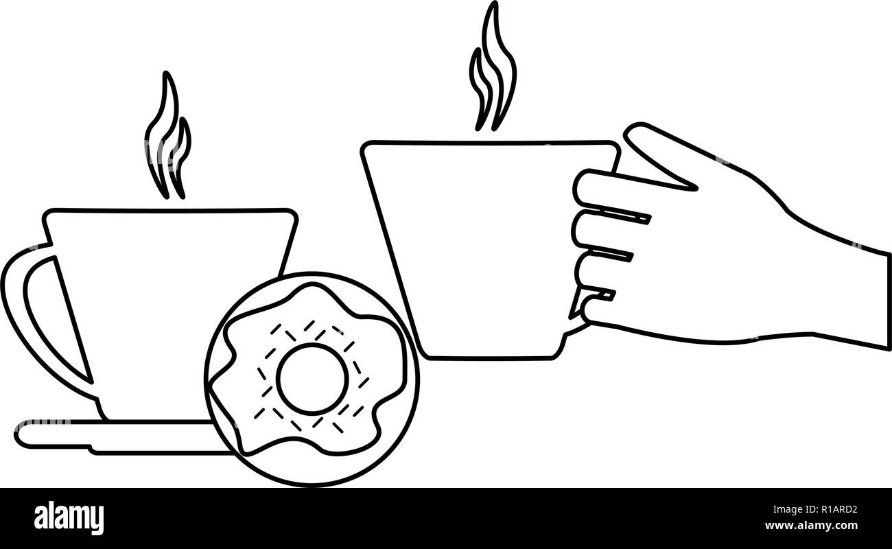 Mano con tazzine di caffè e ciambelle illustrazione vettoriale graphic design Illustrazione Vettoriale