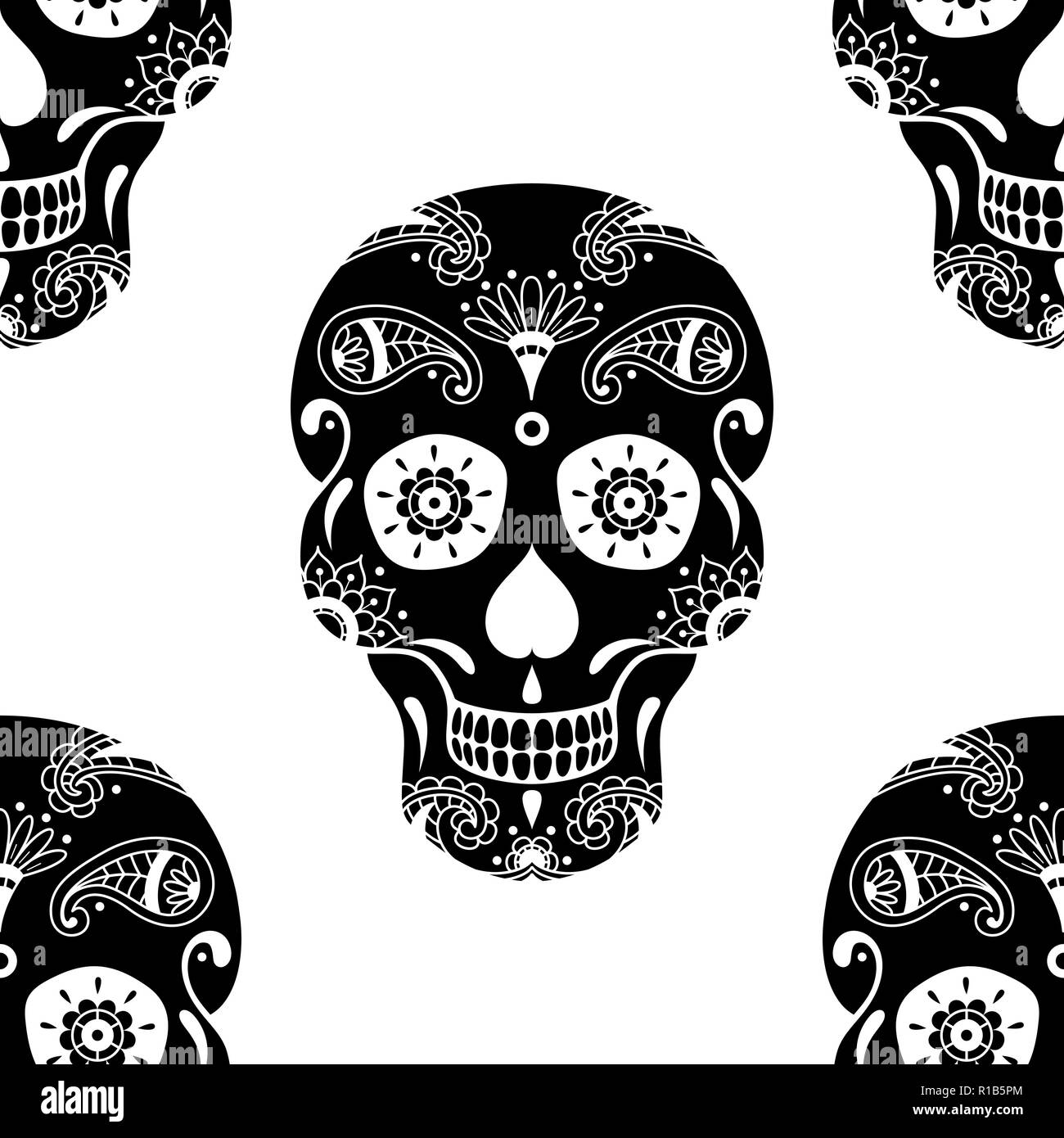 Vector seamless pattern di zucchero nero cranio con motivo floreale su sfondo bianco. Illustrazione messicano per il Giorno dei Morti Illustrazione Vettoriale