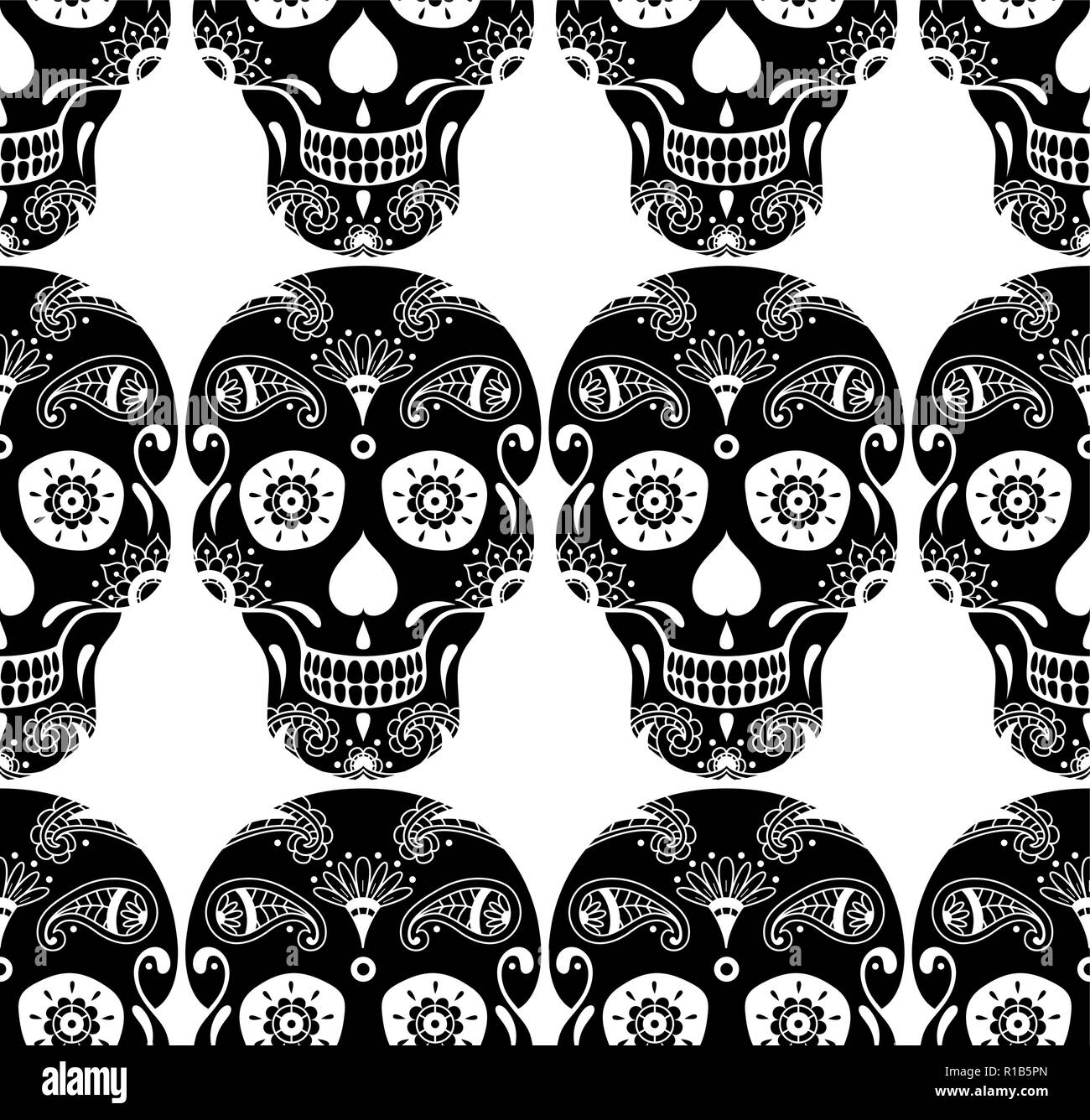 Vector seamless pattern di zucchero nero cranio con doodle motivo floreale su sfondo bianco. Illustrazione messicano per il Giorno dei Morti Illustrazione Vettoriale
