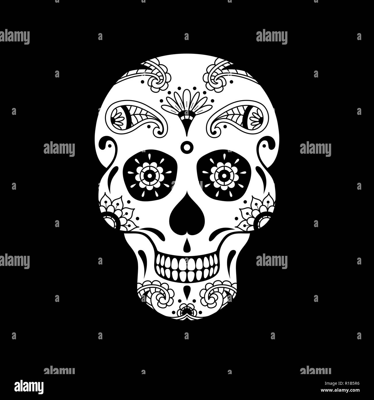 Vettore di zucchero bianco il cranio con doodle motivo floreale su sfondo nero. Illustrazione messicano per il giorno dei morti la celebrazione Festival Illustrazione Vettoriale