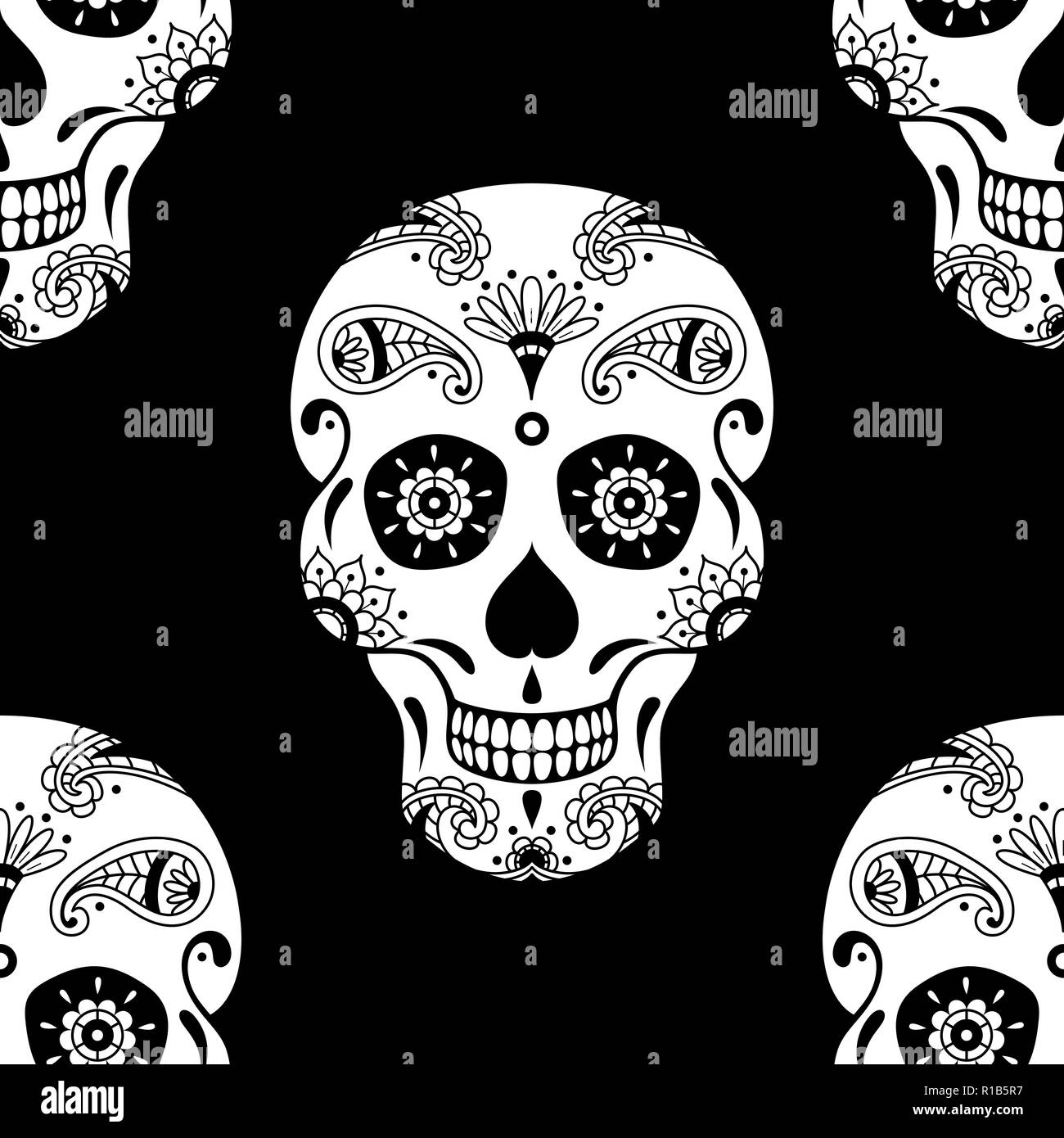 Vector pattern senza giunture di zucchero bianco il cranio con motivi floreali ornamento etnico su sfondo nero. Illustrazione messicano per il Giorno dei Morti Illustrazione Vettoriale
