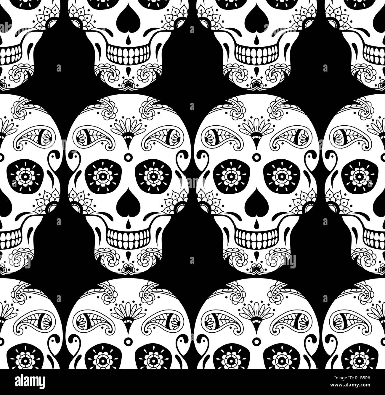 Vector pattern senza giunture di zucchero bianco il cranio con motivi floreali ornamento etnico su sfondo nero. Illustrazione messicano per il Giorno dei Morti Illustrazione Vettoriale