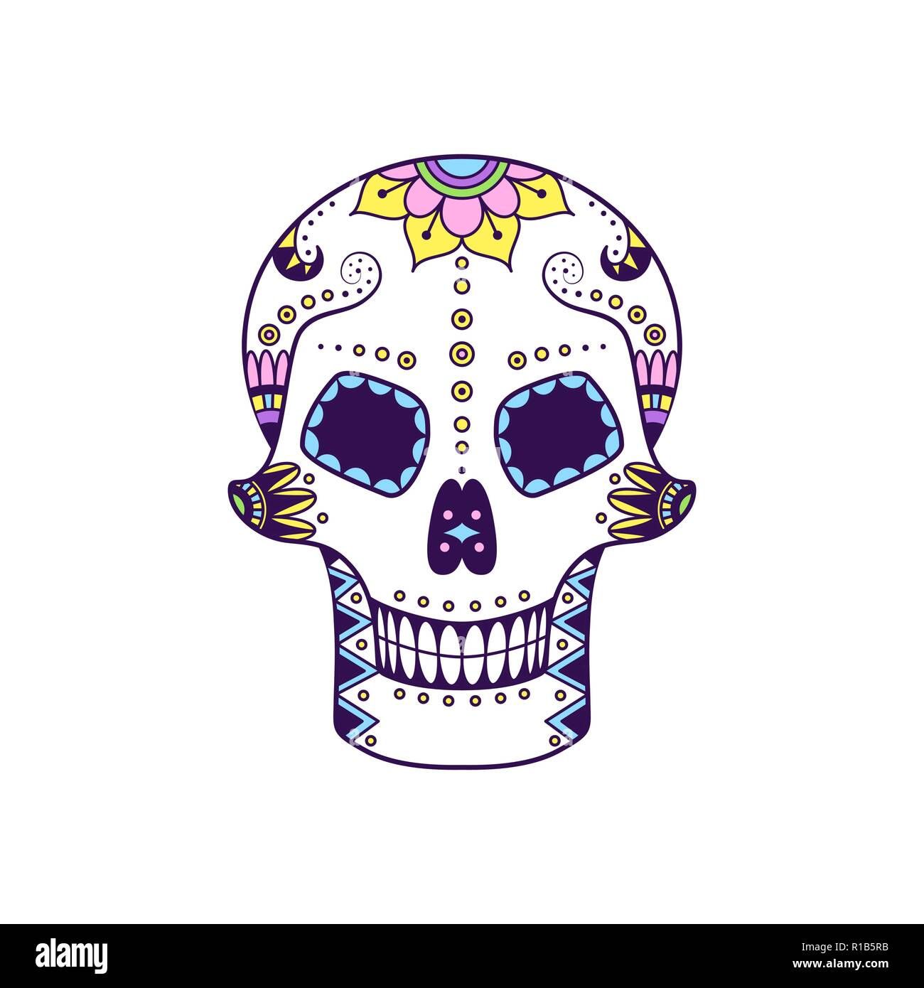 Vettore di zucchero colorate cranio con doodle motivo floreale. Illustrazione messicano per il giorno dei morti la celebrazione del Festival. Dia de Muertos teschio di zucchero Illustrazione Vettoriale