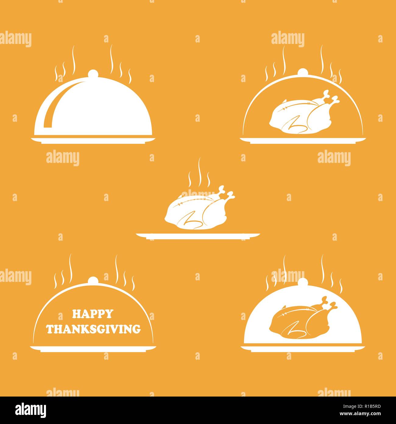 Set di vettore di ringraziamento della Turchia e felice di ringraziamento logotipo di testo. Concetto di squisita cena o catering. Pollo arrosto Illustrazione Vettoriale