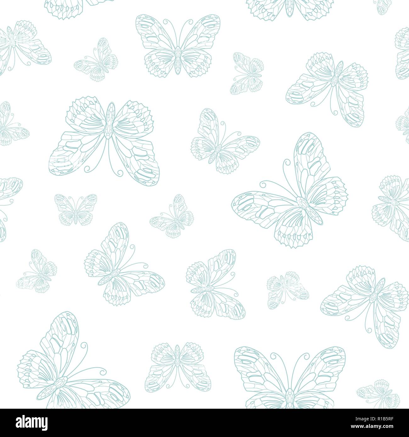 Vector seamless pattern del blue butterfly outline su sfondo bianco Illustrazione Vettoriale