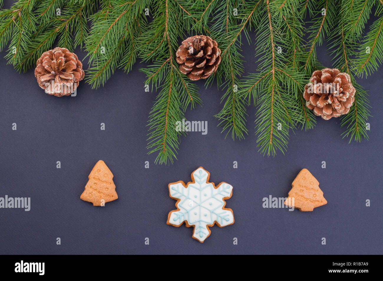 Albero di natale rami con pigne e cookie. Foto Stock