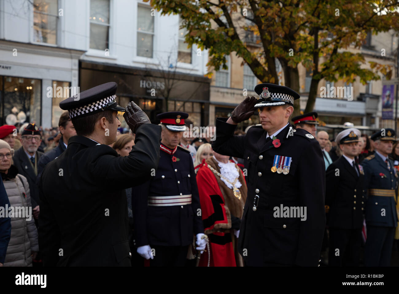 Cheltenham, Regno Unito. Xi Nov, 2018. Gli ufficiali di polizia salutando ogni altro credito: Victor Storublev/Alamy Live News Foto Stock