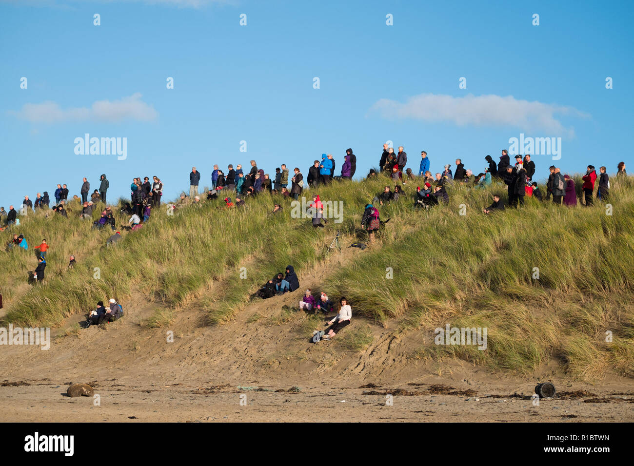 Ynyslas Wales UK, 11/11/2018. La gente guarda come un gigante 30mx30m sabbia ritratto di RICHARD DAVIES, deck mano, dal vicino villaggio di Borth, che ha servito nella Royal Navy nella prima guerra mondiale, è scolpita nella sabbia sulla spiaggia di Ynyslas , appena a nord di Aberystwyth sulla West Wales coast. Concepito dal regista Danny Boyle, questo effimero perforato del memorial arte - Pagine di mare - è uno dei 28 creato su spiagge in tutto il Regno Unito in questo giorno, ricordo la domenica, il centesimo anniversario dell'armistizio che ha portato a termine la prima guerra mondiale Photo credit Keith Morris / Alamy Live News Foto Stock