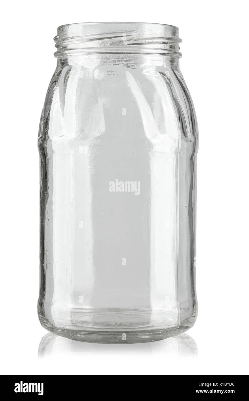 Il vasetto di vetro senza coperchio per la conservazione. isolato su sfondo bianco senza etichetta Foto Stock