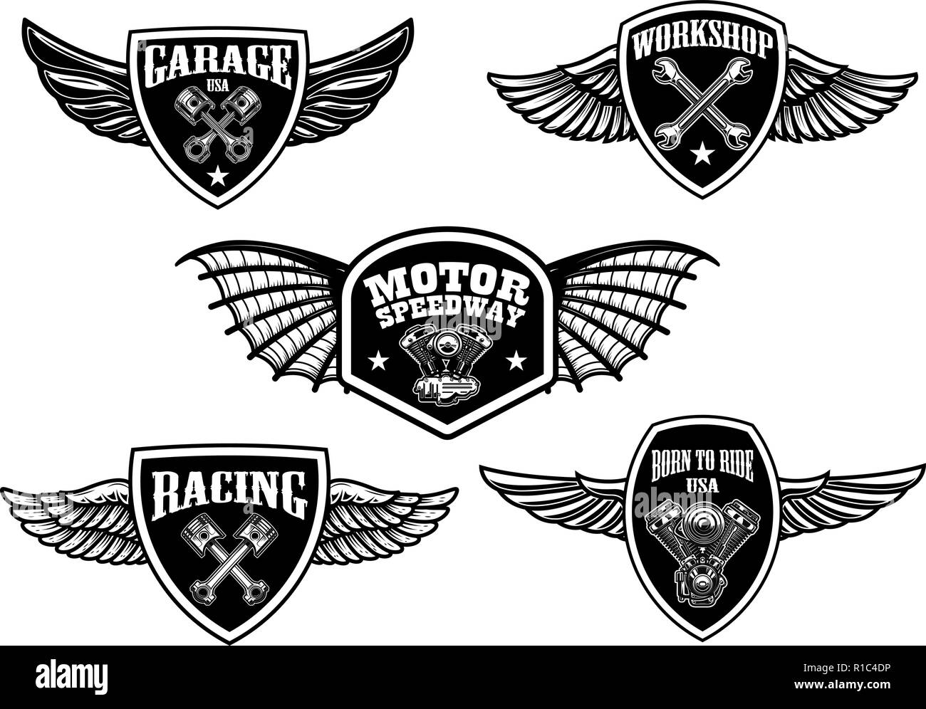 Set di vintage emblemi alato. Racing, motocicli, officina di riparazione. Elemento di design per il logo, marchio, segno, poster, t-shirt. Illustrazione Vettoriale Illustrazione Vettoriale