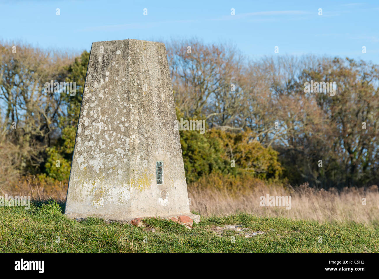 Stone Triangulation Pillar o Tig Point, OSBM S4011 a Highdown Hill nel West Sussex, Inghilterra, Regno Unito. Contrassegno del banco di rilevamento degli ordnance. Foto Stock