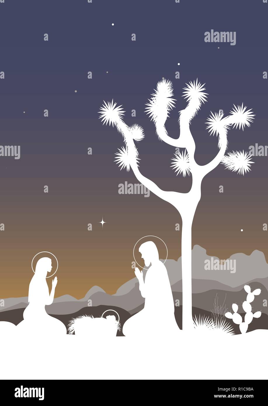 Santa Famiglia e il Joshua Tree, cactus e le montagne sullo sfondo. Illustrazione Vettoriale. Illustrazione Vettoriale