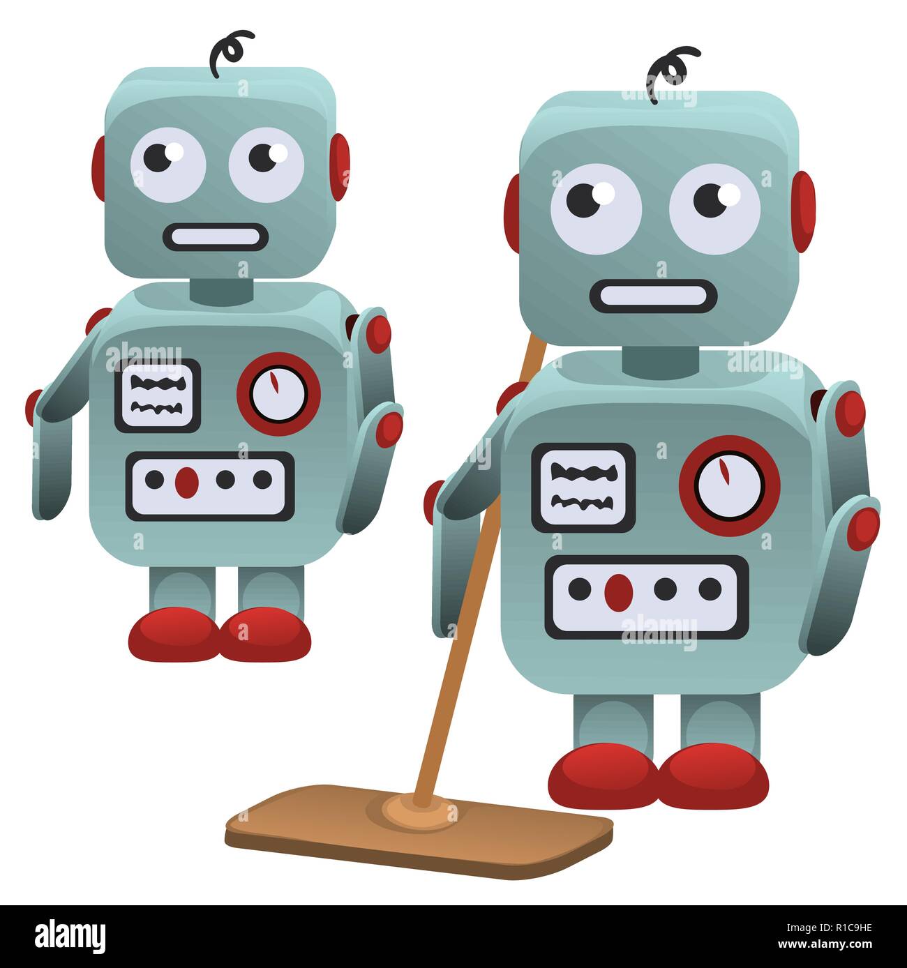 Un robot con un mop per pulizie domestiche isolati su sfondo bianco. Vector  cartoon close-up illustrazione Immagine e Vettoriale - Alamy