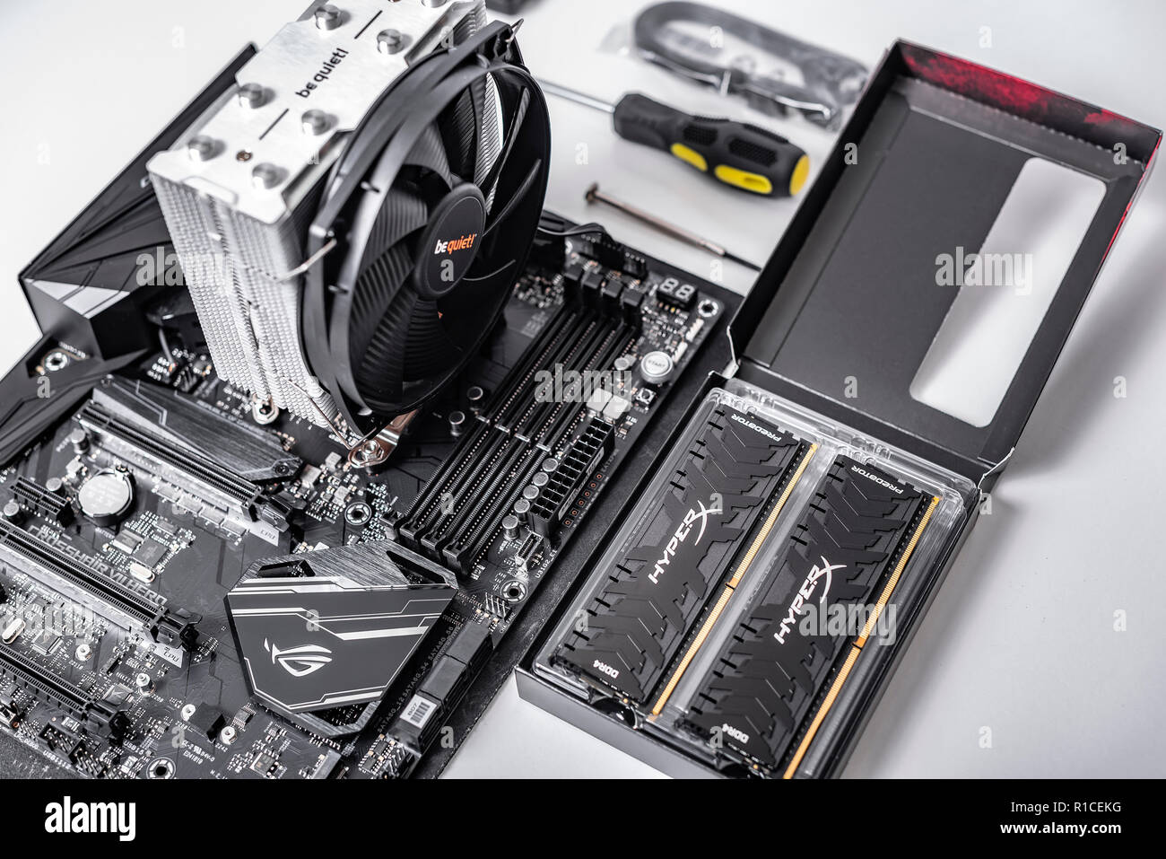 Scheda madre con installato lo scambiatore di calore e la RAM. Costruire un PC. Foto Stock