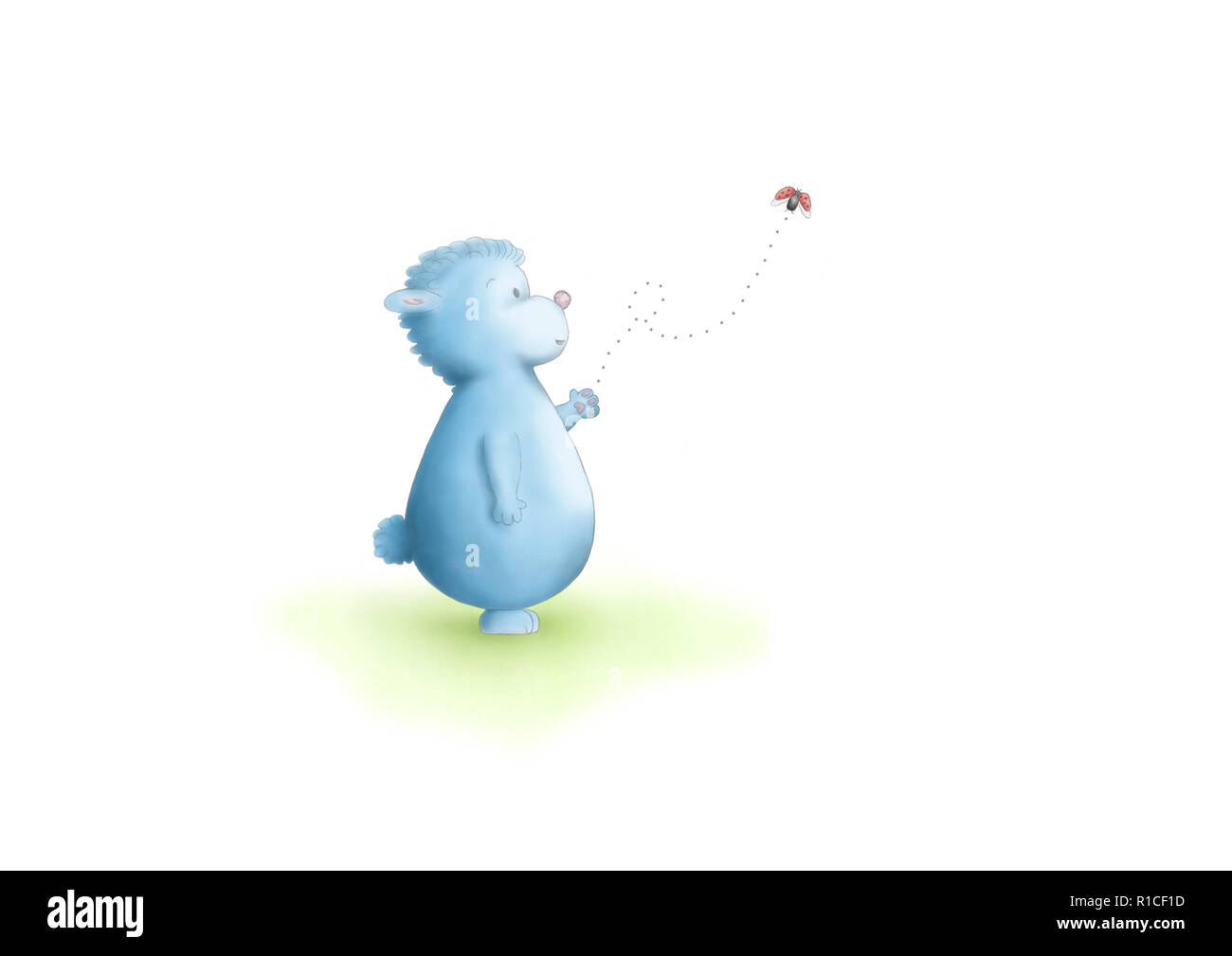 Carino disegnato a mano illustrazione della fantasia blu permanente degli animali, guardando a battenti ladybug, su sfondo bianco Foto Stock