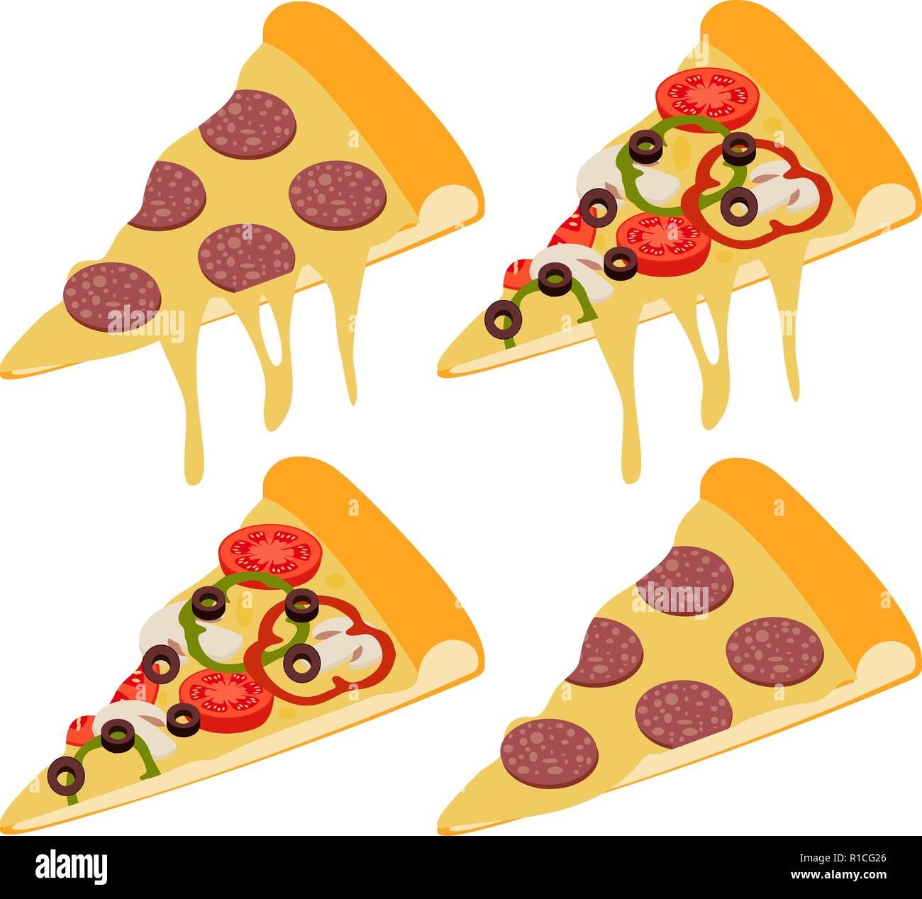 Fetta di italiani freschi originale classica salsiccia per pizza Pizza e pizza a fungo isolato su sfondo bianco Illustrazione Vettoriale