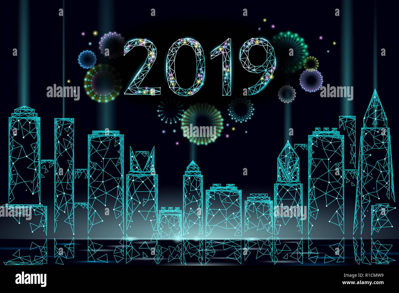 E moderno grattacielo vacanza di Natale cityscape di fuochi d'artificio. Anno nuovo 3D punto poligonale della linea blu scuro cielo notturno eve greeting card modello. 2019 data città numero di silhouette illustrazione vettoriale Illustrazione Vettoriale