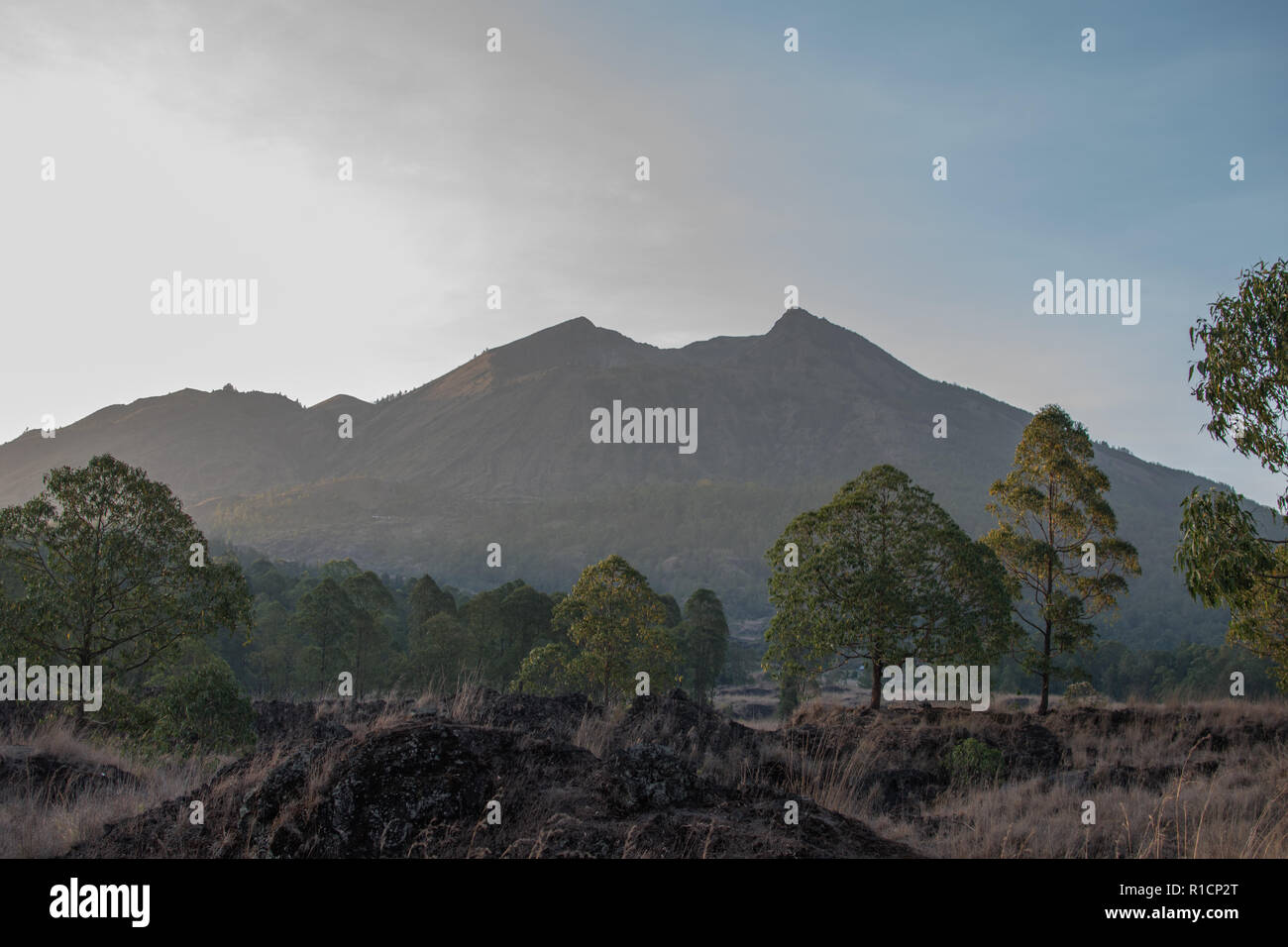 Vulcano, montagna coperta foresta, cielo di nuvole, tracce di lava sul terreno. Il monte vulcano Batur a Kintamani. Paesaggio di montagna, Bali. Concetto di viaggio. Sfondi Foto Stock