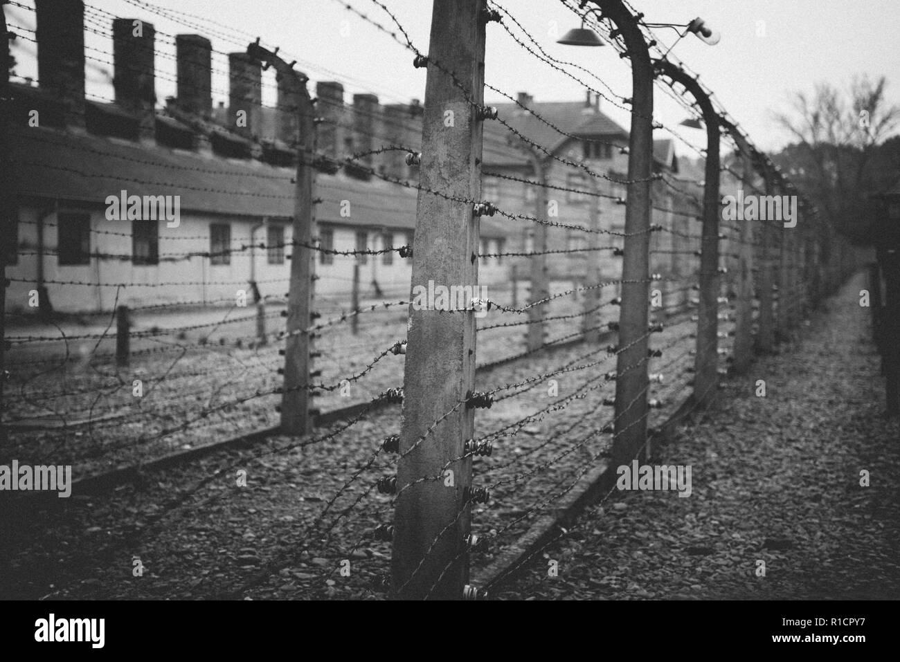 Auschwitz campo di lavoro e sterminio nazista. Recinzioni elettrificate. Auschwitz, Tedesco-occupato, Polonia, Europa Foto Stock