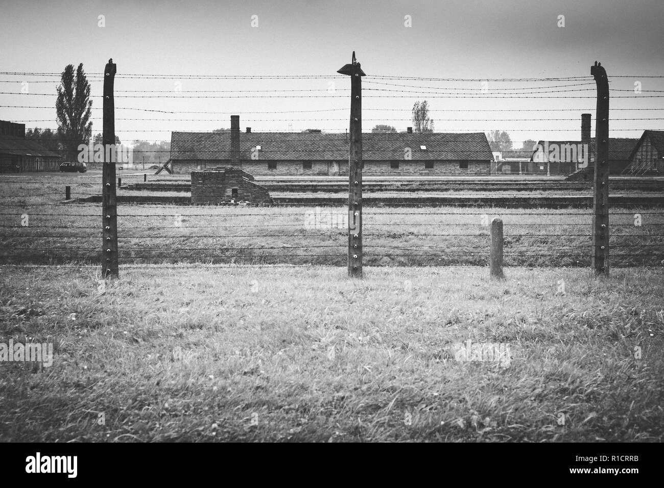 II di Auschwitz Birkenau, campo di lavoro e sterminio nazista. Recinzioni elettrificate e caserma. Auschwitz, Tedesco-occupato, Polonia, Europa Foto Stock