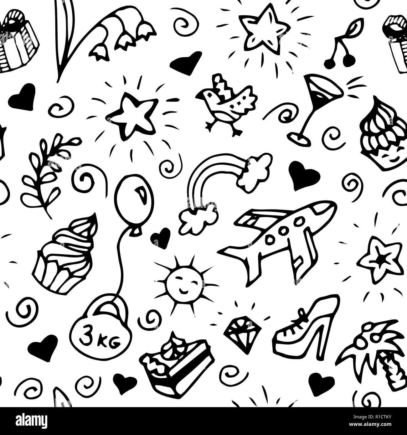 Compleanno seamless pattern, bianco e nero, scarabocchio. Illustrazione Vettoriale