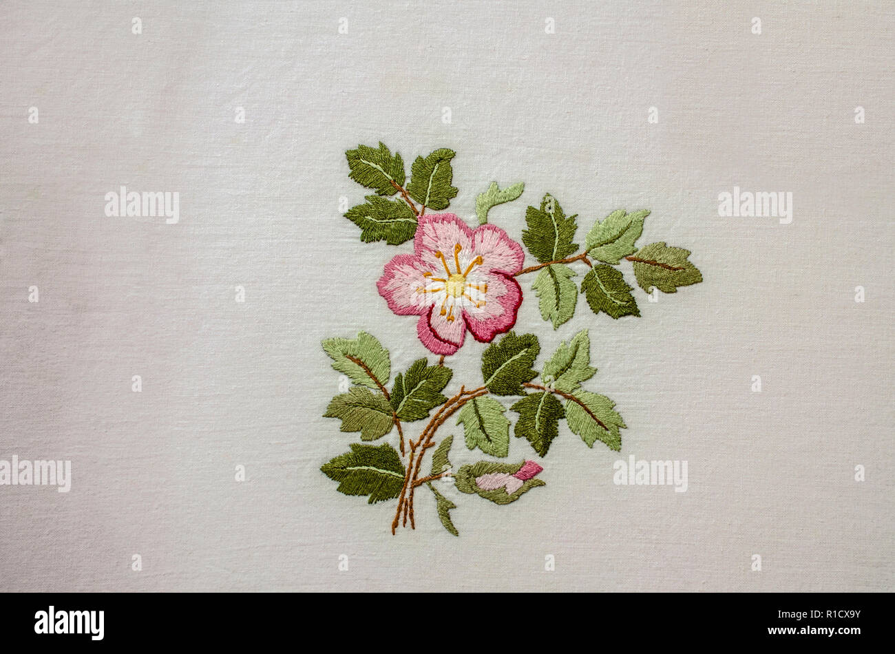 Yerevan, Armenia, 04,Giugno,2018: raso ricamato maglia in sfumature di rosa, rosa tea con bud e lascia sulla grossolana del tessuto di cotone Foto Stock