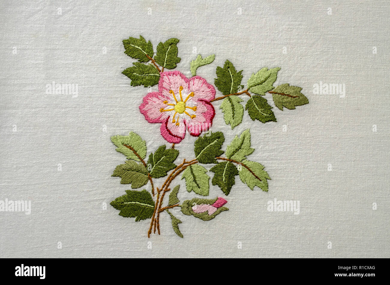 Yerevan, Armenia, 04,Giugno,2018: Flower Pink rosa tea con un bocciolo e foglie, ricamato un satin stitch sulla ruvida stoffa di cotone Foto Stock