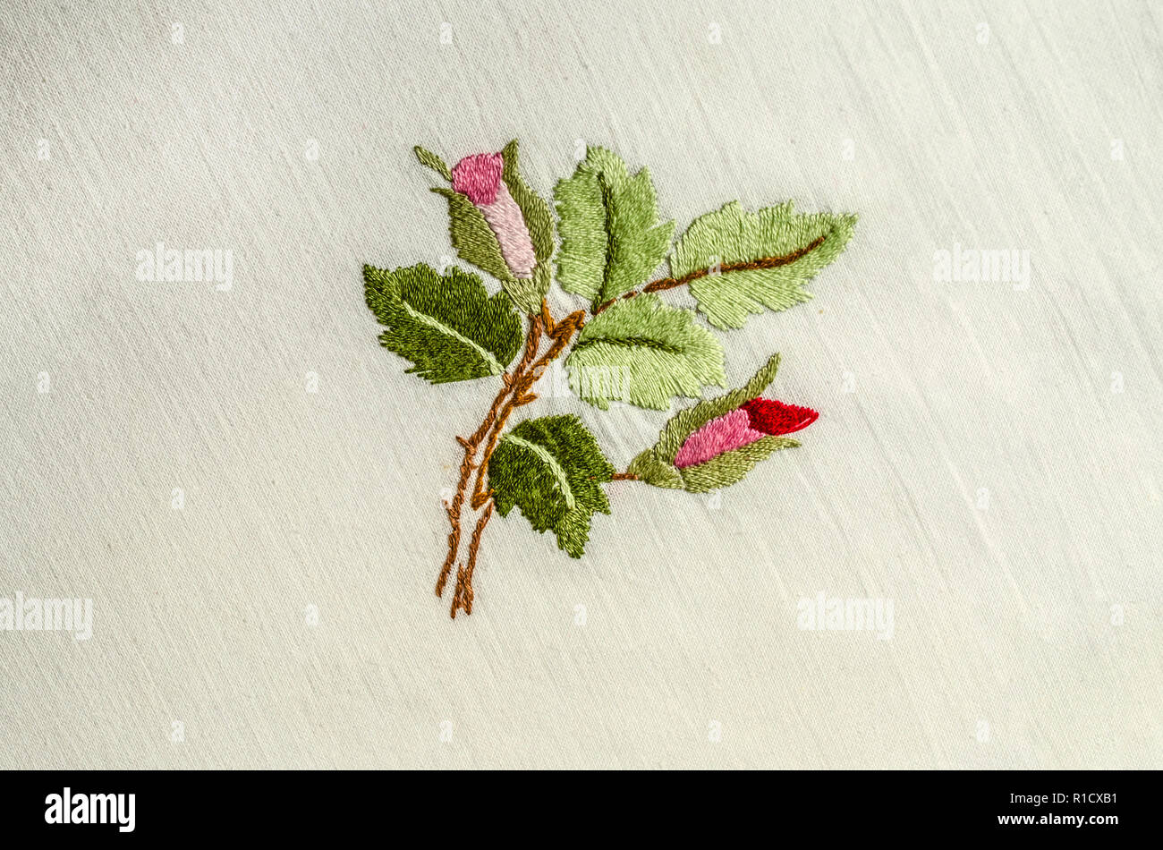 Yerevan, Armenia, 04,Giugno,2018: ramoscello con boccioli di rosa rose e foglie, ricamato con satin stitching su grossolana del tessuto di cotone Foto Stock