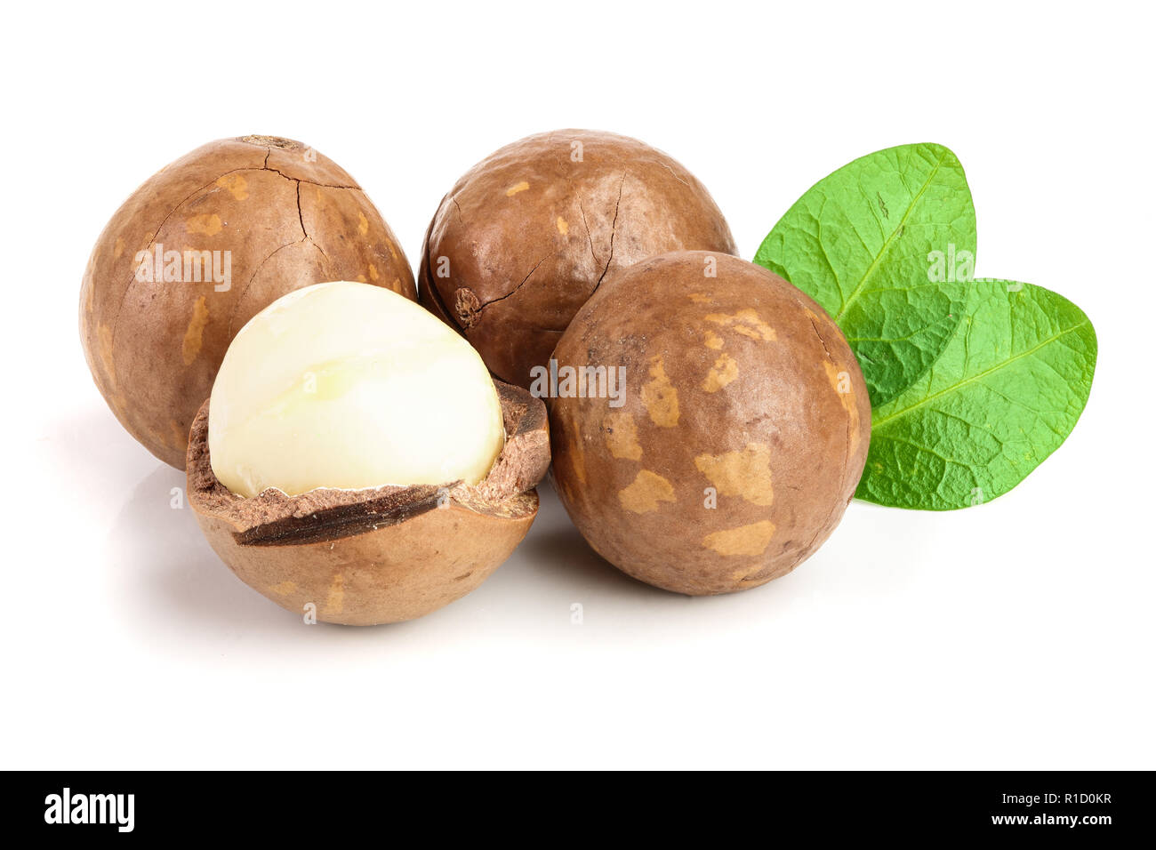 Sgusciate e senza guscio di noci di macadamia con foglie isolati su sfondo bianco Foto Stock