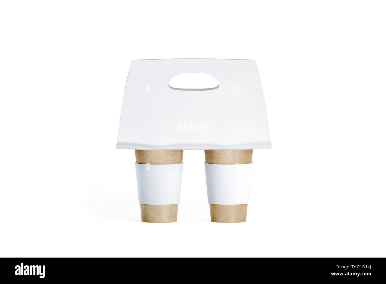 Vuoto artigianato due tazze di caffè bianco con supporto portante mockup, rendering 3d. Vuoto portabicchieri carta mock up, isolata. Mobilità koozie package per un caffè o un tè, vista frontale. Le frizioni di asporto modello. Foto Stock