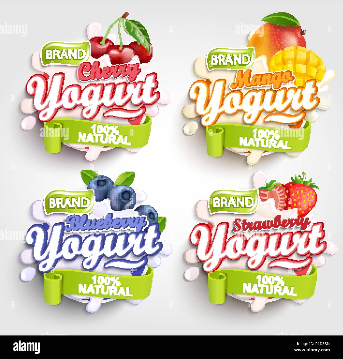 Mango, ciliegia, fragola e mirtillo Yogurt etichetta con splash, fresco e naturale,per il vostro marchio,logo e modello,etichetta,emblema per negozi di generi alimentari, negozi e imballaggio, pubblicità.illustrazione vettoriale. Illustrazione Vettoriale