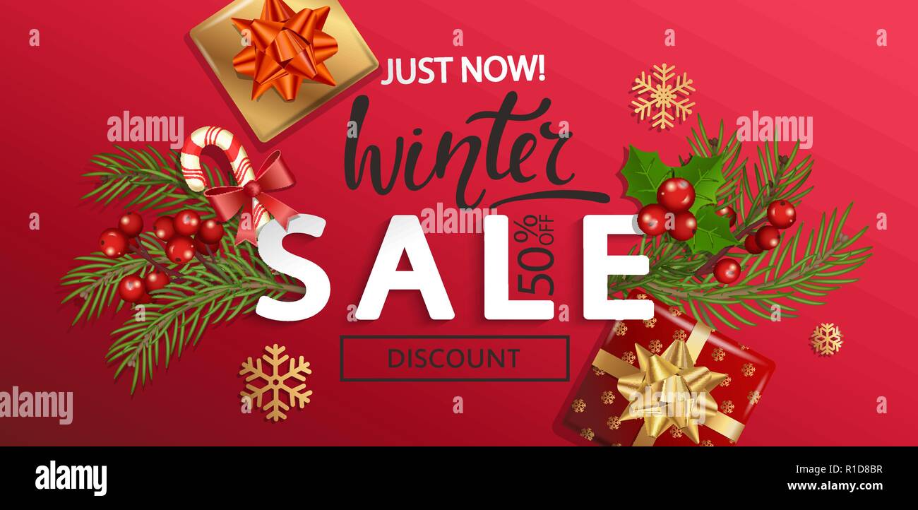 Inverno vendita banner per Natale e Capodanno vacanze.50 percento di sconto card su sfondo rosso con i tradizionali elementi di natale-confezione regalo con fiocco oro,candy cane, ramo.illustrazione vettoriale. Illustrazione Vettoriale