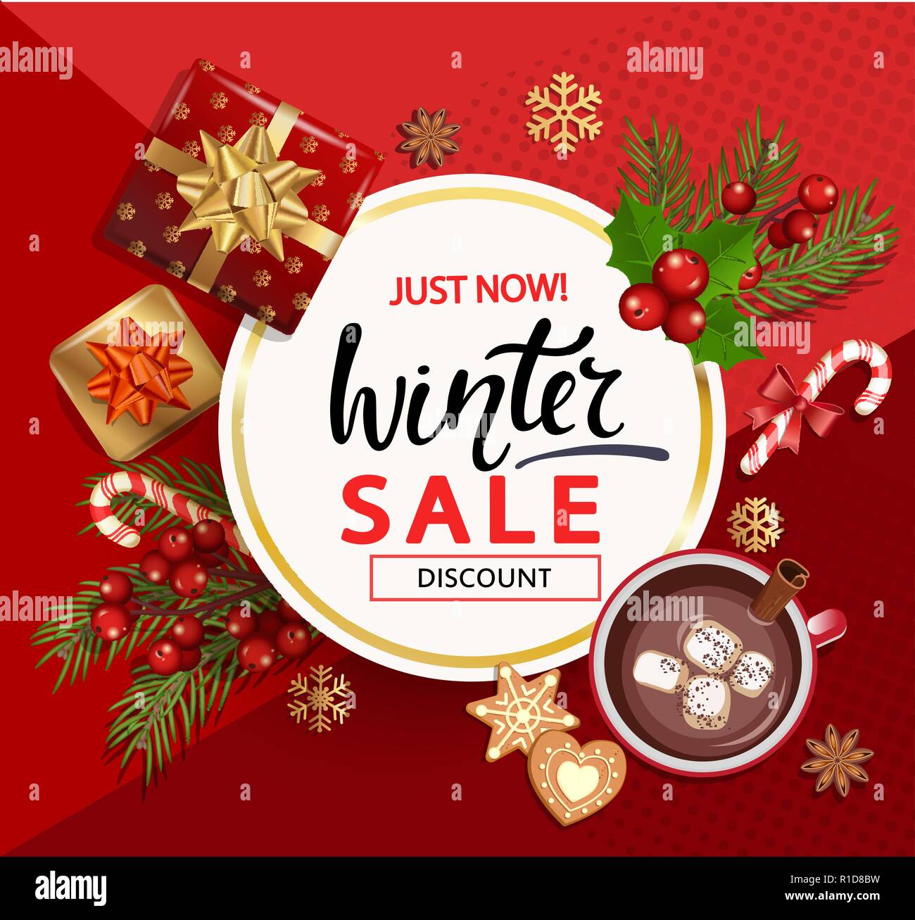 Natale e Anno Nuovo Inverno vendita carta per vacanze. Modello di sconto su sfondo rosso con i tradizionali elementi di natale-confezione regalo con fiocco oro,candy,ramo,cacao,marshmallow.illustrazione vettoriale. Illustrazione Vettoriale