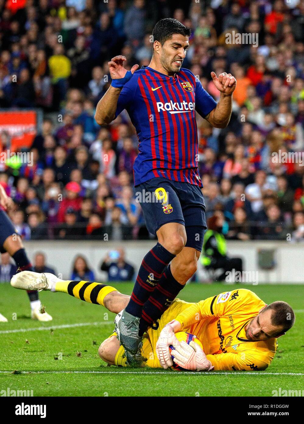 Barcellona, Spagna. Xi Nov, 2018. Real Betis'portiere Pau Lopez (R) difende contro il FC Barcelona Luis Suarez durante un campionato spagnolo match tra FC Barcelona e Real Betis a Barcellona, Spagna, il nov. 11, 2018. FC Barcelona perso 3-4. Credito: Joan Gosa/Xinhua/Alamy Live News Foto Stock