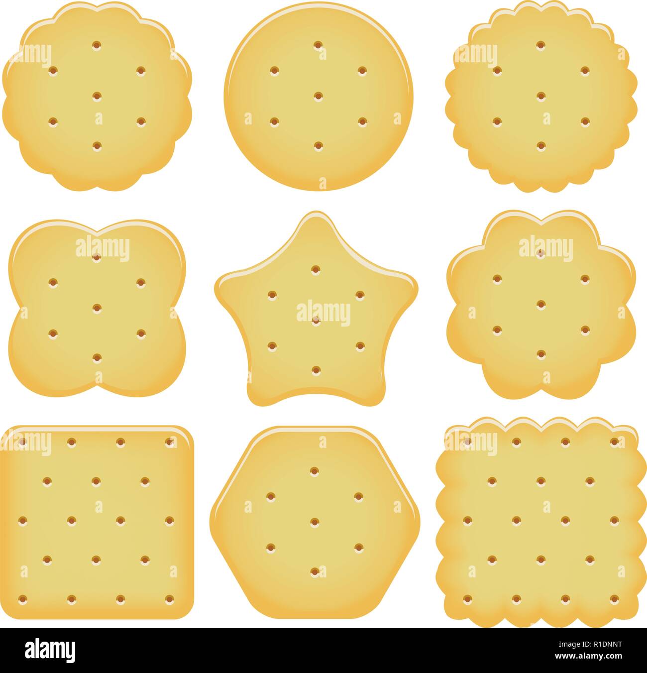 Set di vettore di chip cracker isolati su sfondo bianco cotto e formaggio salato cracker chips di forme diverse Illustrazione Vettoriale