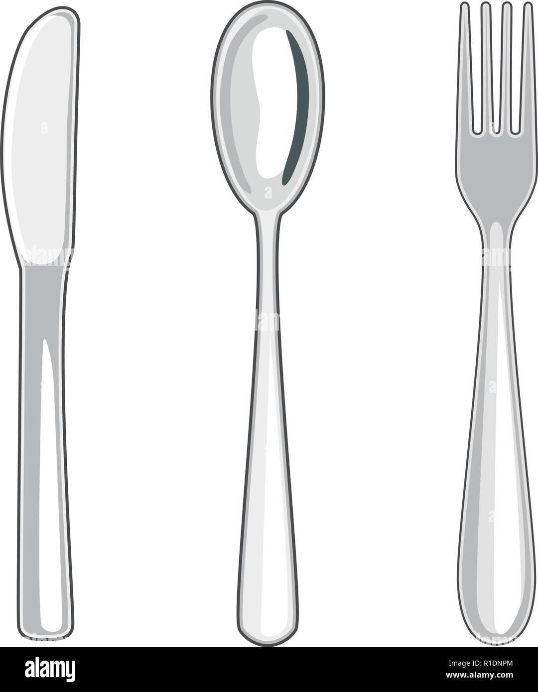 Vettore di coltello di metallo, cucchiaio e forchetta isolati su sfondo bianco. raccolta di arnese da pranzo simboli Illustrazione Vettoriale
