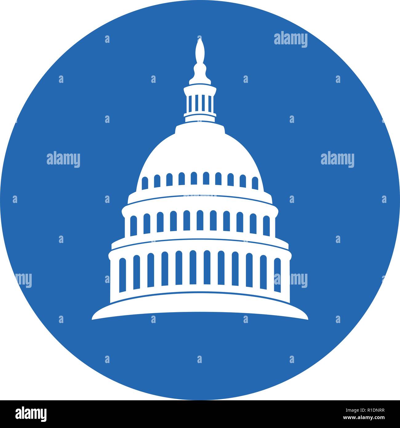 Icona del vettore di United States Capitol Hill building a Washington DC, il Congresso americano, simbolo bianco design rotondo su sfondo blu Illustrazione Vettoriale