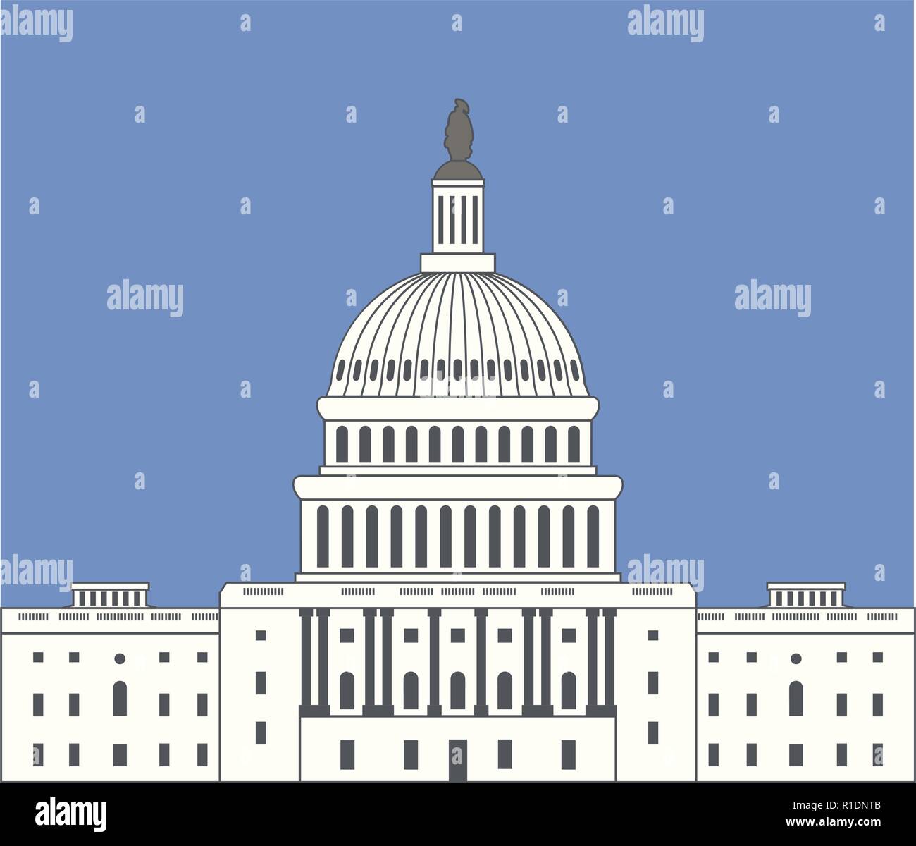 Icona del vettore di United States Capitol Hill building a Washington DC, il Congresso americano a cupola design simbolo sul cielo blu sullo sfondo Illustrazione Vettoriale